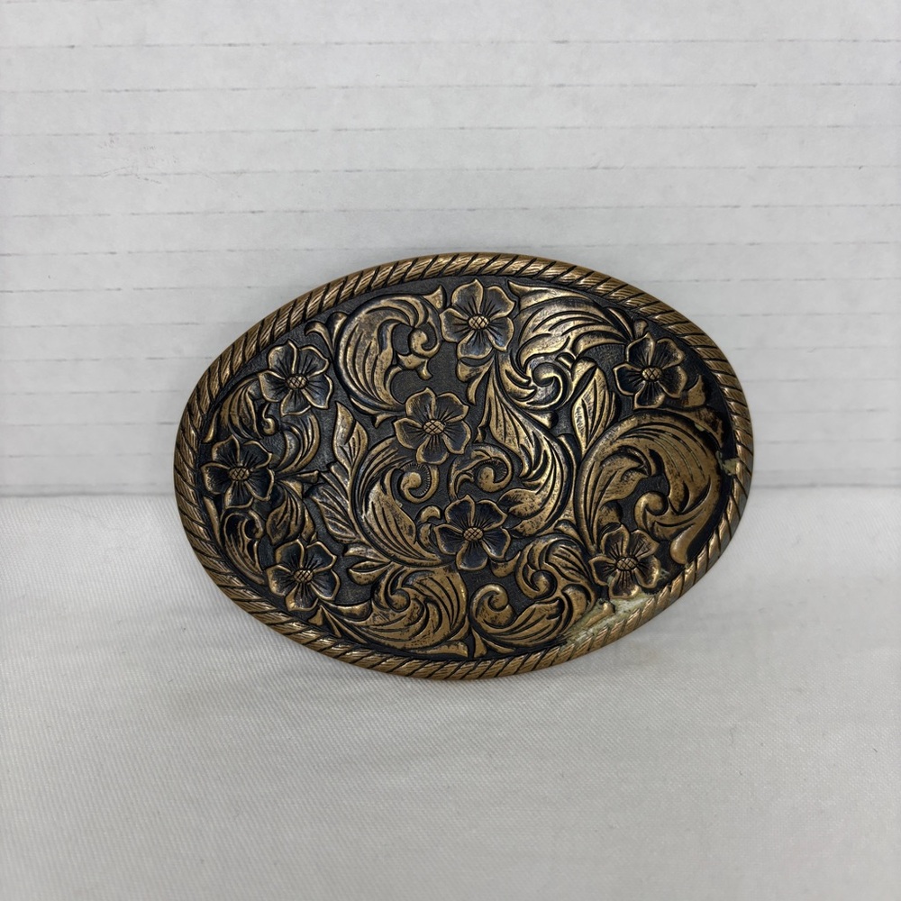 Floral Oval Belt Buckle in Bronze Western Cowboy Decorative Accent